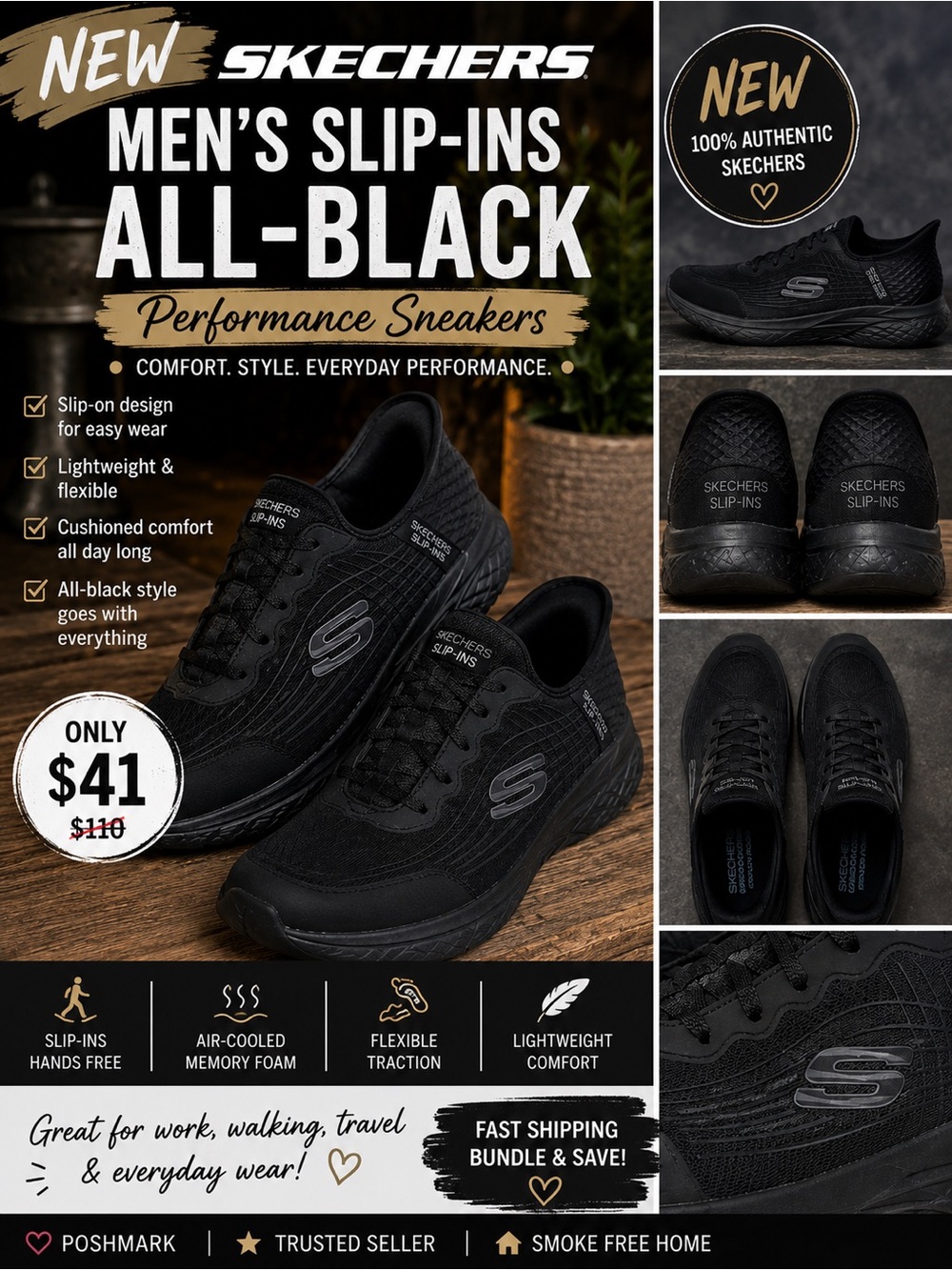 Men’s New Skechers Slip-Ins All-Black Performance Sneakers